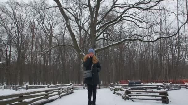 Woman Talking On The Phone Winter Outdoors — Video Stock