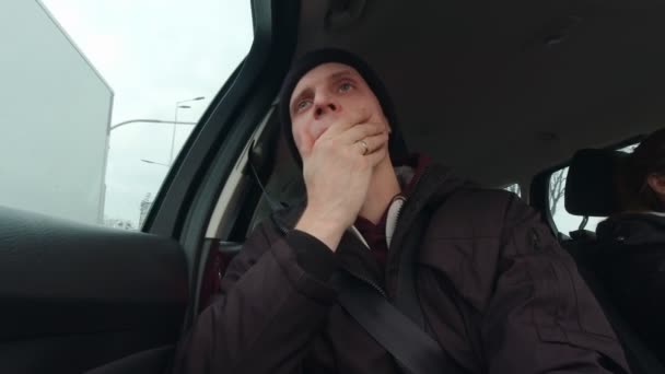 Man Passenger Rides In A Car Slow Motion — стоковое видео