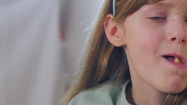 Hungry Girl Chewing Bread — Stock Video