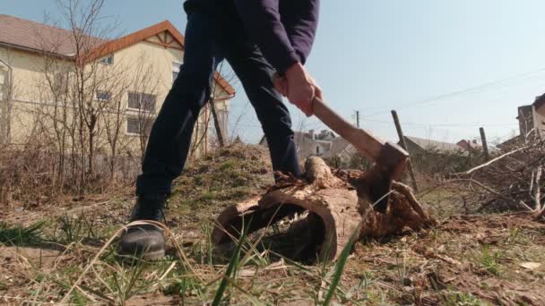 Strong Man Chopping Wood Slow Motion — Stok Video