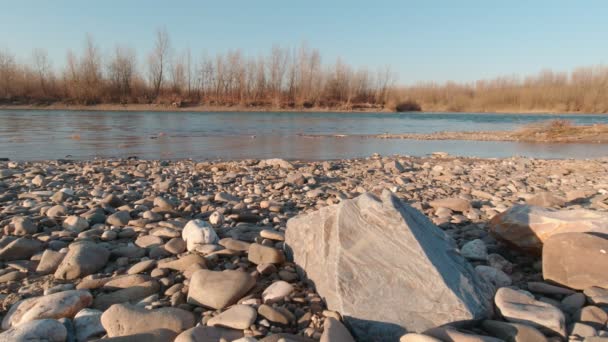 Stenen op de rivier bank — Stockvideo