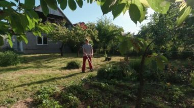 Bir adam yazın bahçeyi suluyor yavaş çekim güneşli bir günde