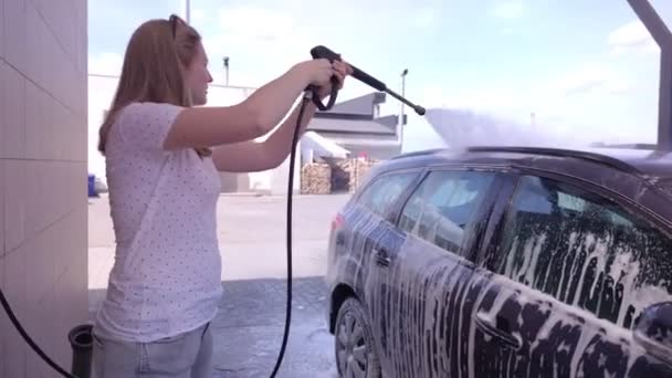 Woman Washing Car Self Service Wash — Wideo stockowe