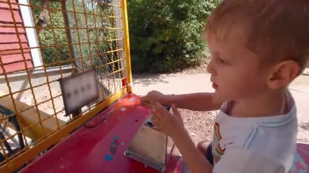 Child Controls Excavator Boy Digs — Stock Video