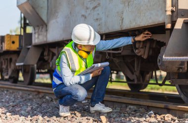 Profesyonel teknisyen ön kontrol yük trenleri, kargo tren platformunda çalışan mühendis, teknisyen yük vagonunun doğruluğunu, güvenlik kavramlarını kontrol ediyor.