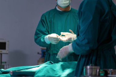 Professional medical doctors performing surgery. Assistant hands out instruments to surgeons during operations. Surgeons perform operations.
