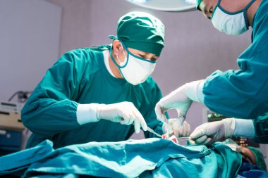 Ameliyathanede cerrahi operasyon yapan tıbbi ekip, bir hastayı ameliyat eden konsantre cerrahi ekip.
