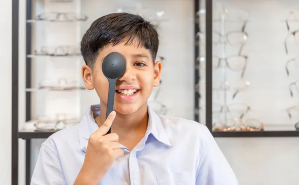 Portrait Child Checking Vision Ophthalmology Clinic Smiling Indian Thai Boy — Foto Stock