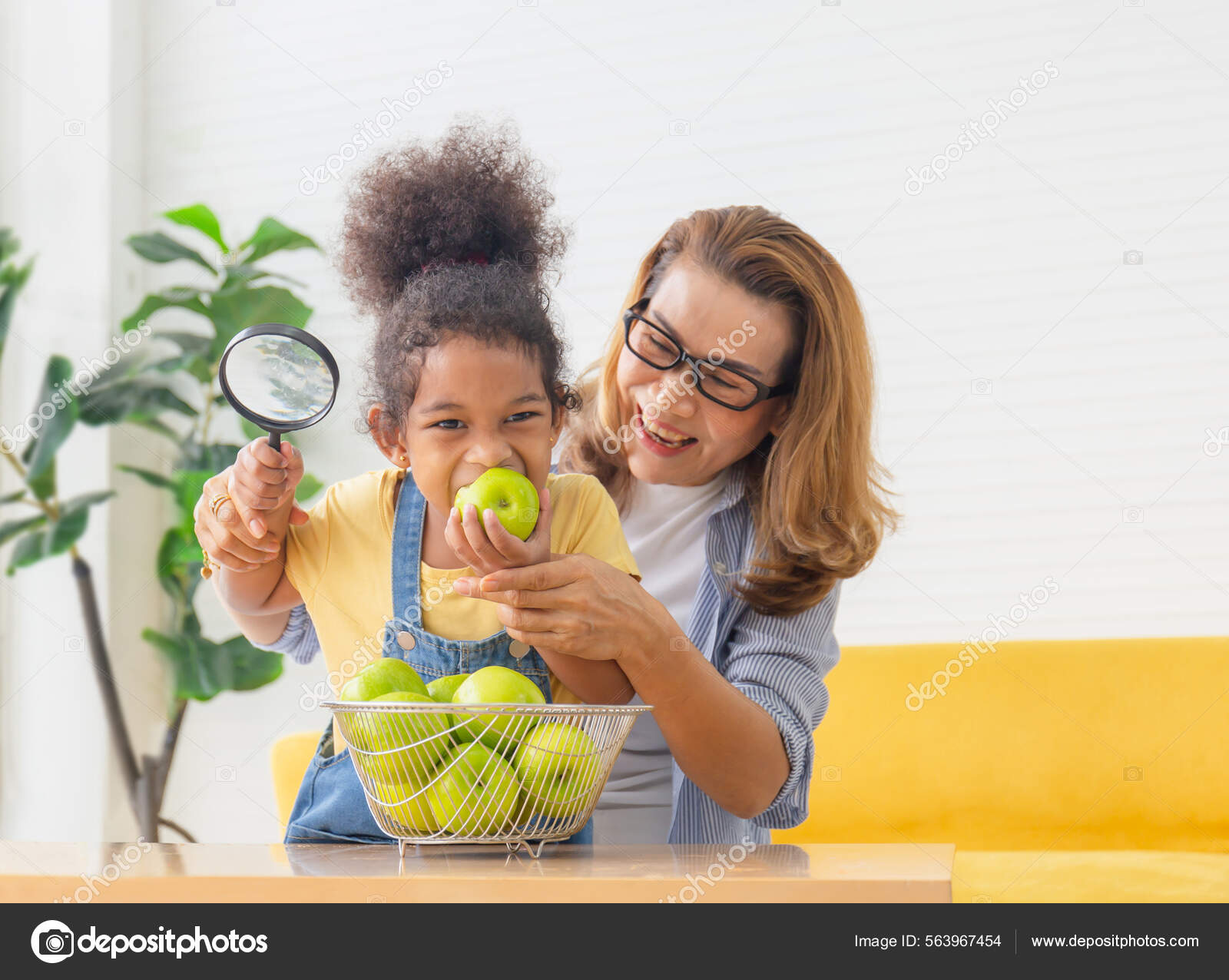 Cheerful Daughter Mother Apple Fruit Kitchen Little Kid Girl