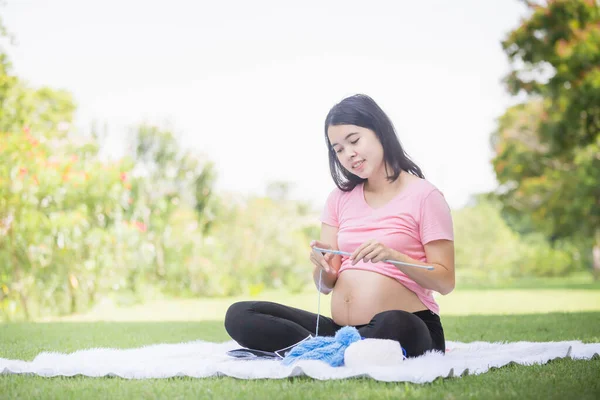 Беременная Женщина Сидящая Парке Расслабляется Вяжет Крючок — стоковое фото
