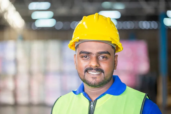 Portrait Worker Wearing Hardhat Safety Vest Standing Warehouse Cheerful Man — Foto Stock