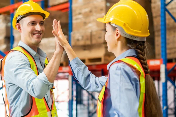 Colleague Workers Warehouse Factory Have Greeting High Five Hands Raised — ストック写真