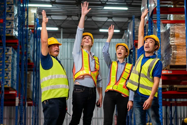 Successful Warehouse Workers Team Punching Air Celebration Manual Workers Celebrating — Fotografia de Stock