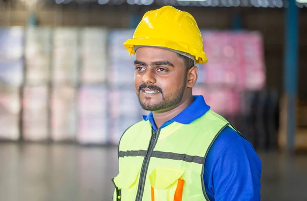 Portrait Male Worker Wearing Hardhat Safety Vest Standing Warehouse Young — Foto Stock