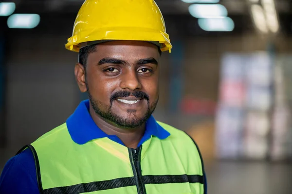 Portrait Male Worker Wearing Hardhat Safety Vest Standing Warehouse Young — Foto Stock