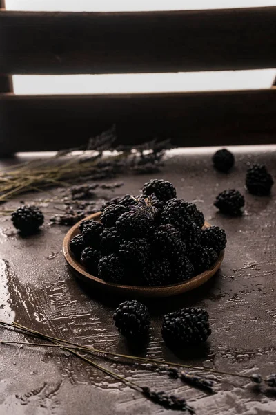 Selective Focus Blackberries Wooden Plate Dark Background Copyspace Low Key — Stock Photo, Image