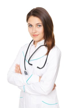 kolları olan genç bir kadın doktor portresi olarak izole wh çarpı işareti.