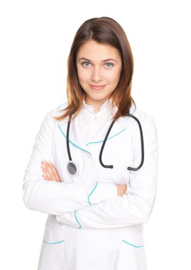 kolları olan genç bir kadın doktor portresi olarak izole wh çarpı işareti.