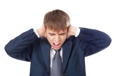 işadamı kulakları üzerinde beyaz backgrou izole elele