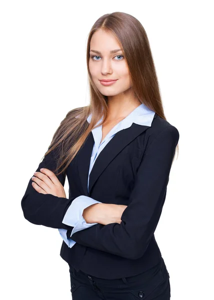 Retrato de una joven mujer de negocios sonriente de pie con las manos dobladas — Foto de Stock