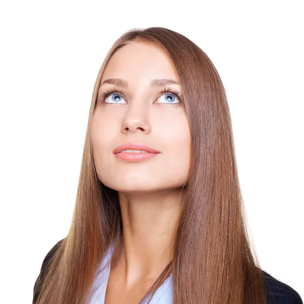 Closeup portrait of young businesswoman looking up isolated on w — Stock Photo, Image
