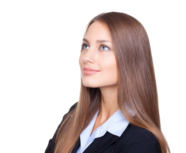 Closeup portrait of young businesswoman looking up isolated on w — Stock Photo, Image