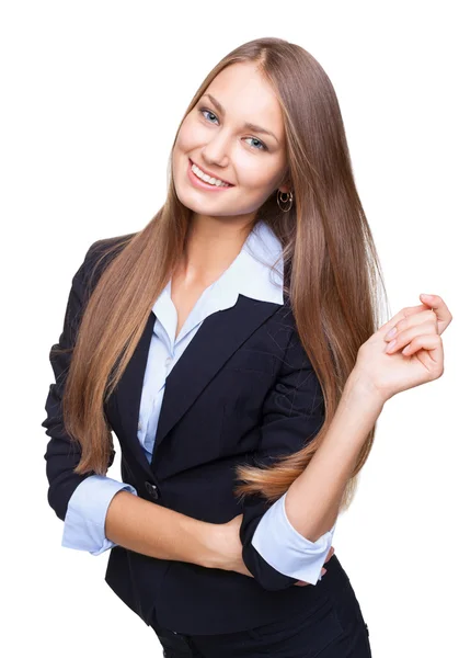 Portrait d'une jeune femme d'affaires heureuse souriant isolé sur whi — Photo