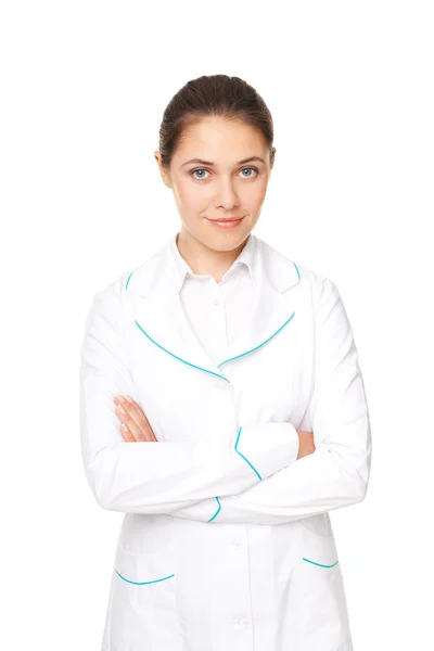 Portret van de jonge vrouwelijke arts geïsoleerd op witte achtergrond — Stockfoto