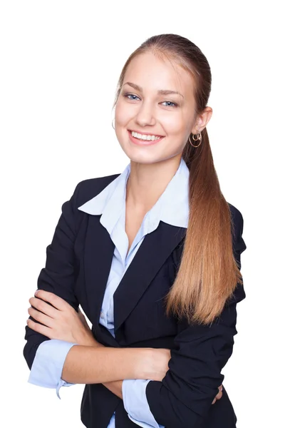 Portrait of young smiling businesswoman isolated on white backgr — Stock Photo, Image