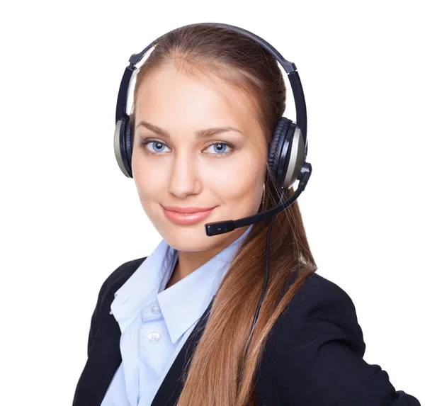 Retrato de close-up de uma jovem funcionária de call center com um hea — Fotografia de Stock