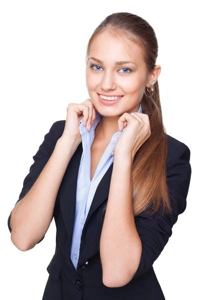 Portrait of a young beautiful business woman isolated on white b — Stock Photo, Image