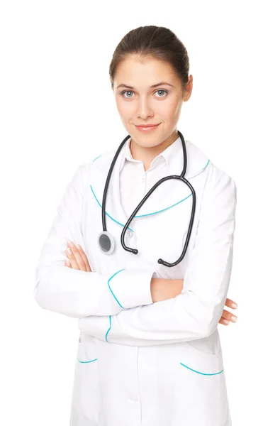 Portrait of young female doctor with arms crossed isolated on wh — Stock Photo, Image
