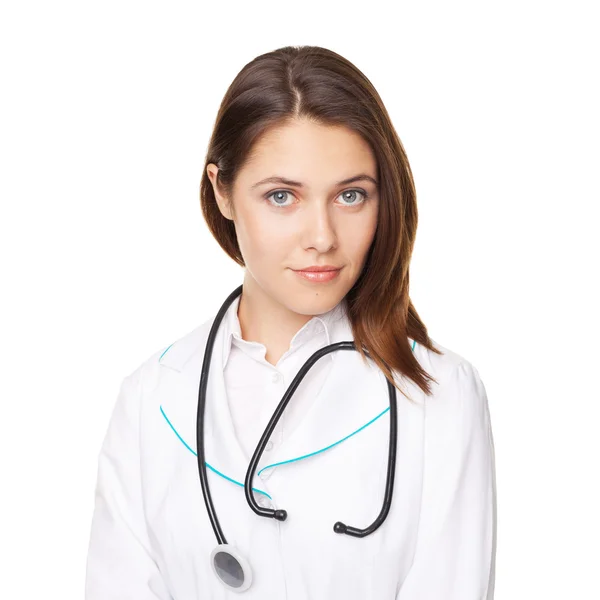 Retrato de una joven doctora con los brazos cruzados aislados en — Foto de Stock