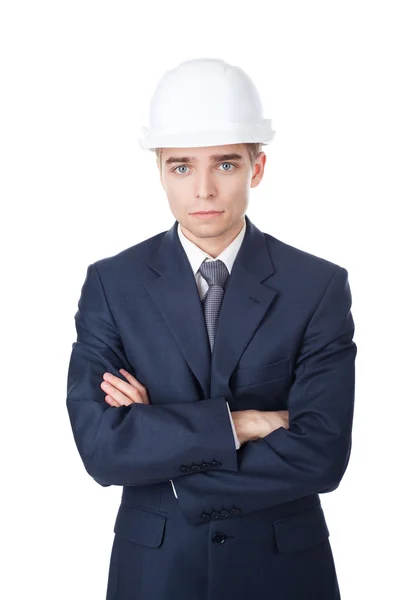 Engineer with white hard hat standing confidently isolated on wh — Stock Photo, Image