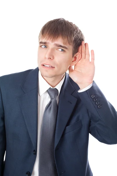 Business man in listening pose isolated on white background — Stock Photo, Image