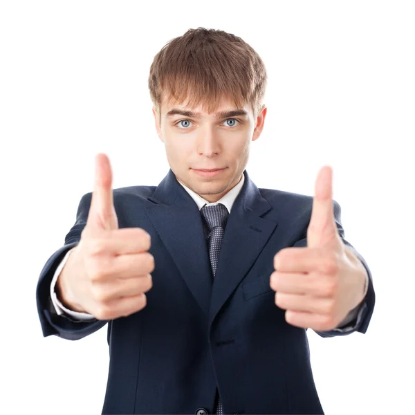 Sorridente jovem homem de negócios mãos fazer polegares para cima isolado no branco — Fotografia de Stock
