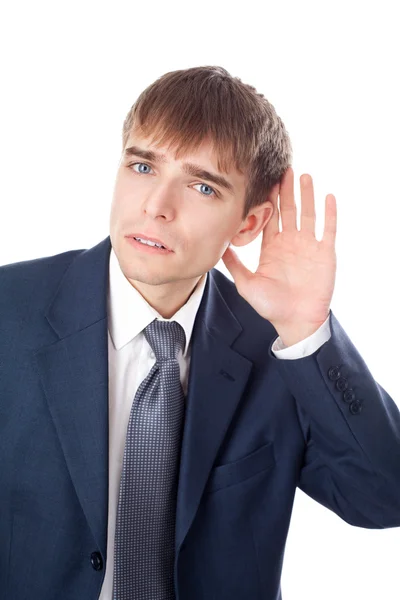 Business man in listening pose isolated on white background — Stock Photo, Image