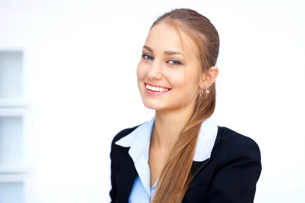 Closeup portrait of cute young business woman in office Stock Picture