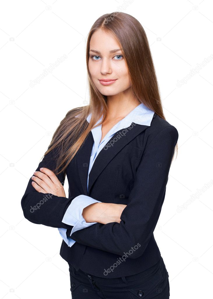 Portrait of young smiling businesswoman standing with hands fold