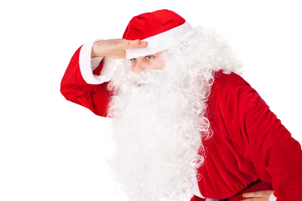 Ritratto di Babbo Natale guardare lontano tenere la mano a testa isolata — Foto Stock