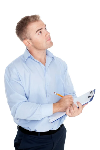 Jovem homem de negócios tomando notas isoladas em branco — Fotografia de Stock
