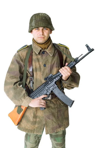 Soldier with submachine gun isolated — Stock Photo, Image