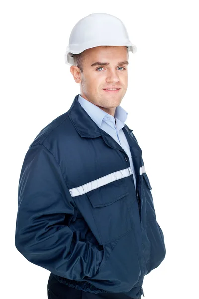 Μηχανικός με λευκό σκληρό καπέλο στέκεται απομονωθεί με βεβαιότητα σχετικά με wh — Φωτογραφία Αρχείου