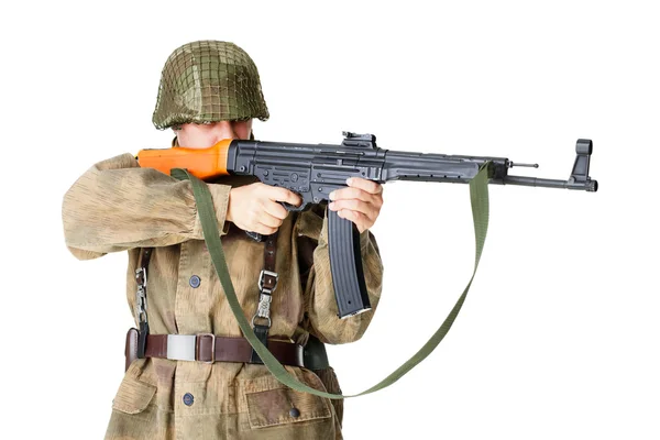 Soldier shoots submachine gun — Stock Photo, Image