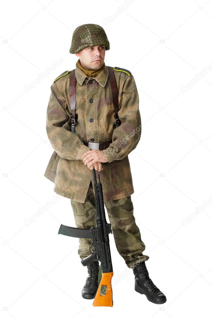 german soldier with submachine gun isolated on white background