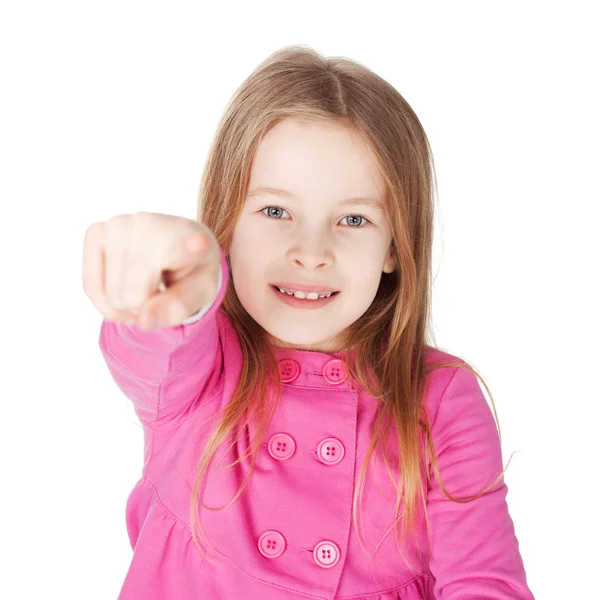 Linda niña apuntando con el dedo — Foto de Stock