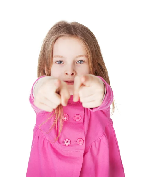 Cute little girl pointing her finger — Stock Photo, Image