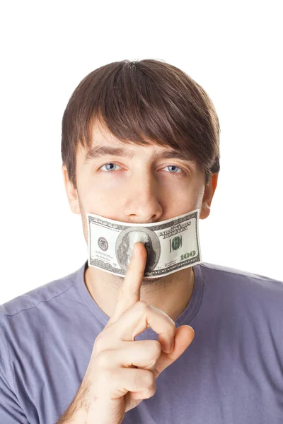Young man with his mouth sealed by a hundred dollar bills isolat — Stock Photo, Image