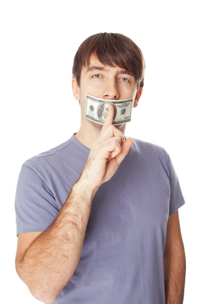 Young man with his mouth sealed by a hundred dollar bills for br — Stock Photo, Image