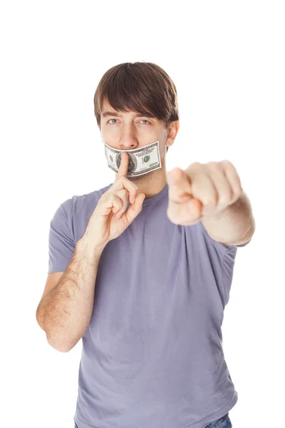 Young man with his mouth sealed by a hundred dollar bills isolat — Stock Photo, Image